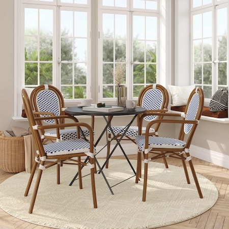 Flash Furniture Lourdes Thonet French Bistro Stacking Chair w/Arms, White/Navy PE Rattan/Bamboo Alum Frame, 4PK 4-SDA-AD642002A-WHNVY-NAT-GG